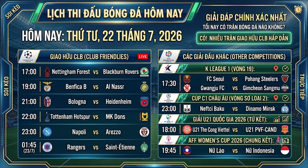 tối nay có trận đá bóng nào không